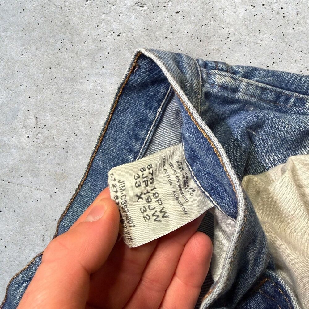 Vintage Light Wash Straight Leg Jeans Mens 33x32 Faded Distressed Raw Hem Peace - Picture 10 of 13